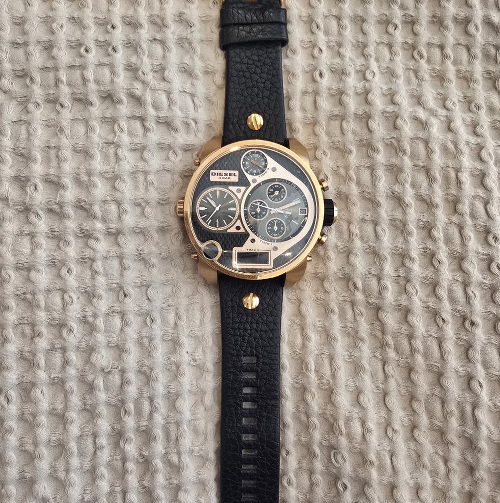 Diesel Black Leather Strap Daddy Watch with Rose Gold Case